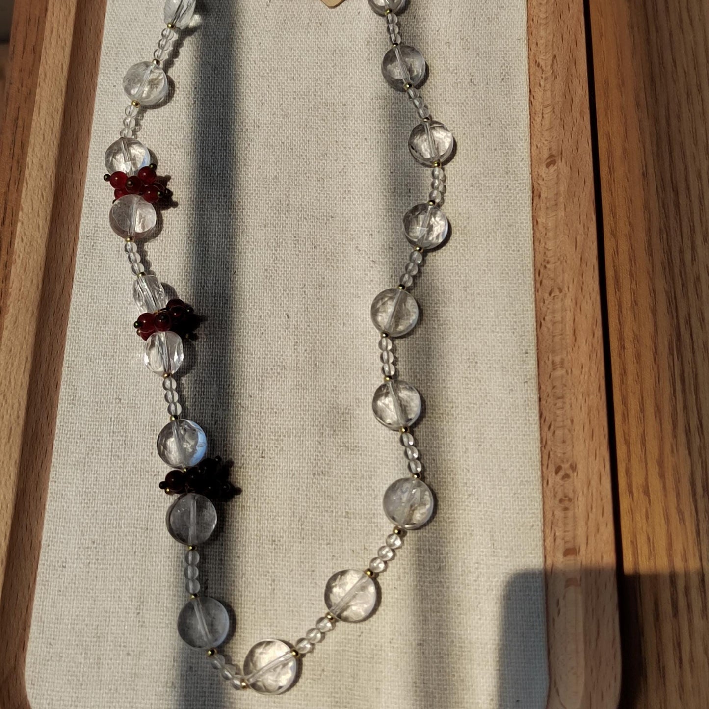 Handmade Natural Clear Quartz & Red Agate Beaded Necklace Real Crystal Jewelry