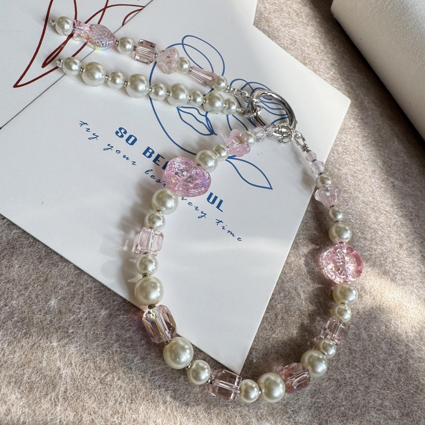 Handmade Pink Crystal Phone Charm , Aesthetic Phone Strap, Cute Boho Glass Keychain for Women, Gift for Her