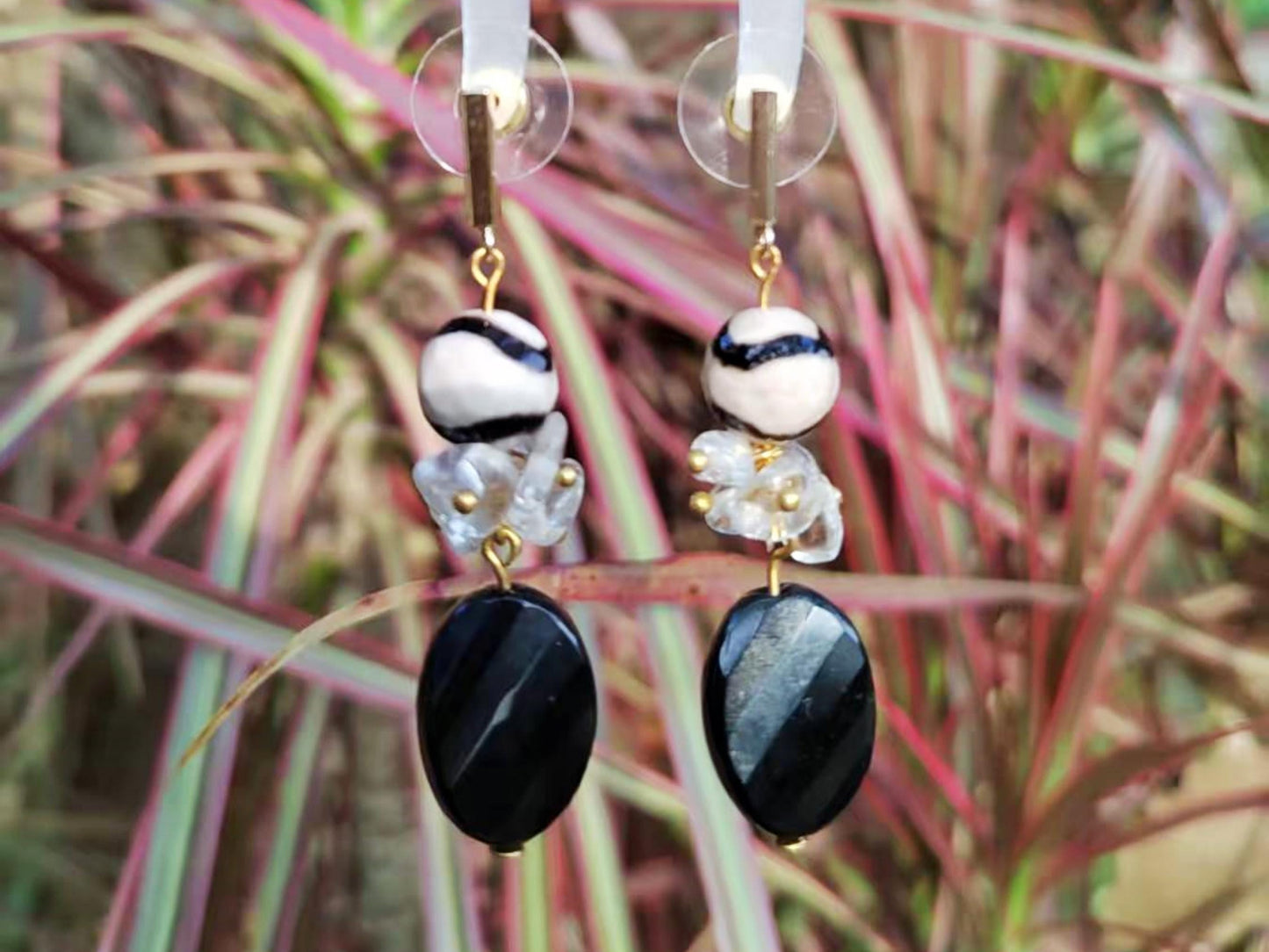 Natural Quartz Crystal Dangle Earrings with Black Onyx & Agate Boho Jewelry