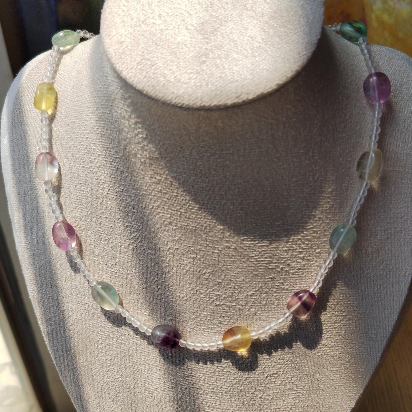 Handmade Fluorite & Clear Quartz Gemstone Necklace: Sterling Gold Plated