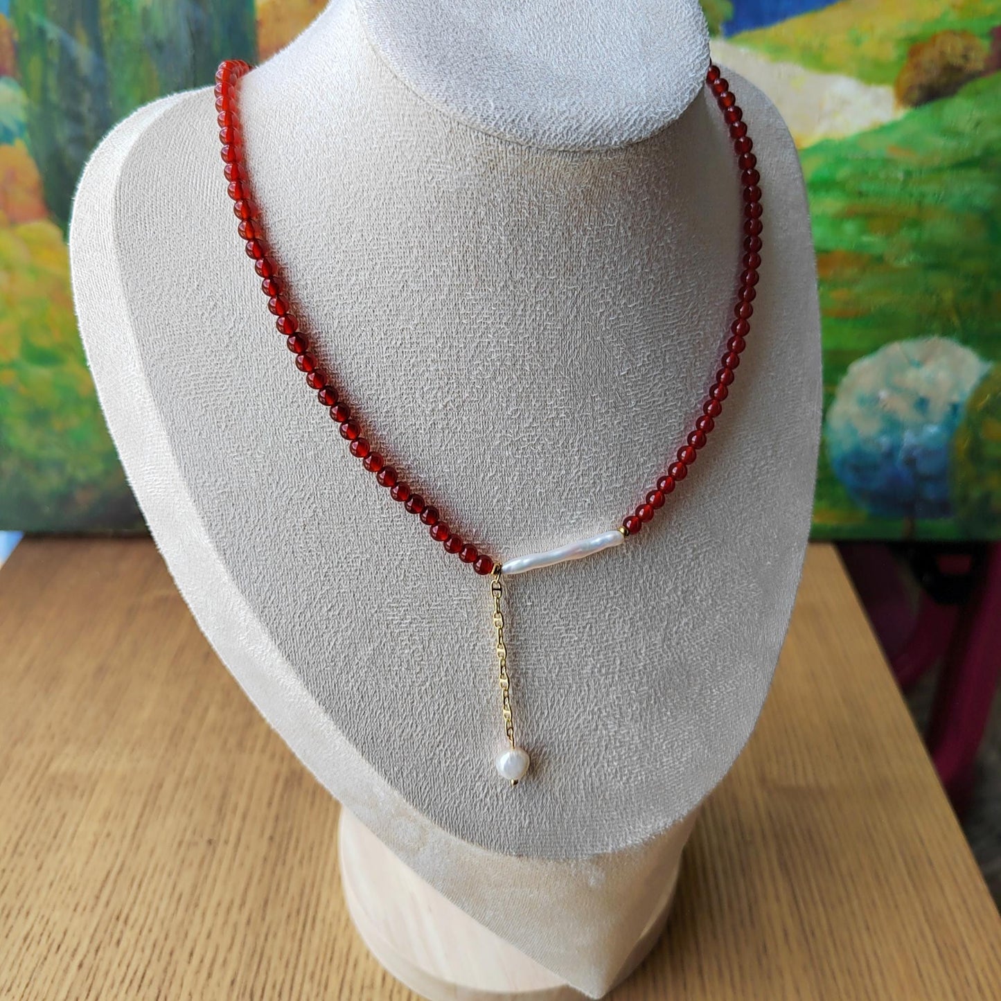 Red Agate & Baroque Pearl Necklace: Boho Gemstone Jewelry