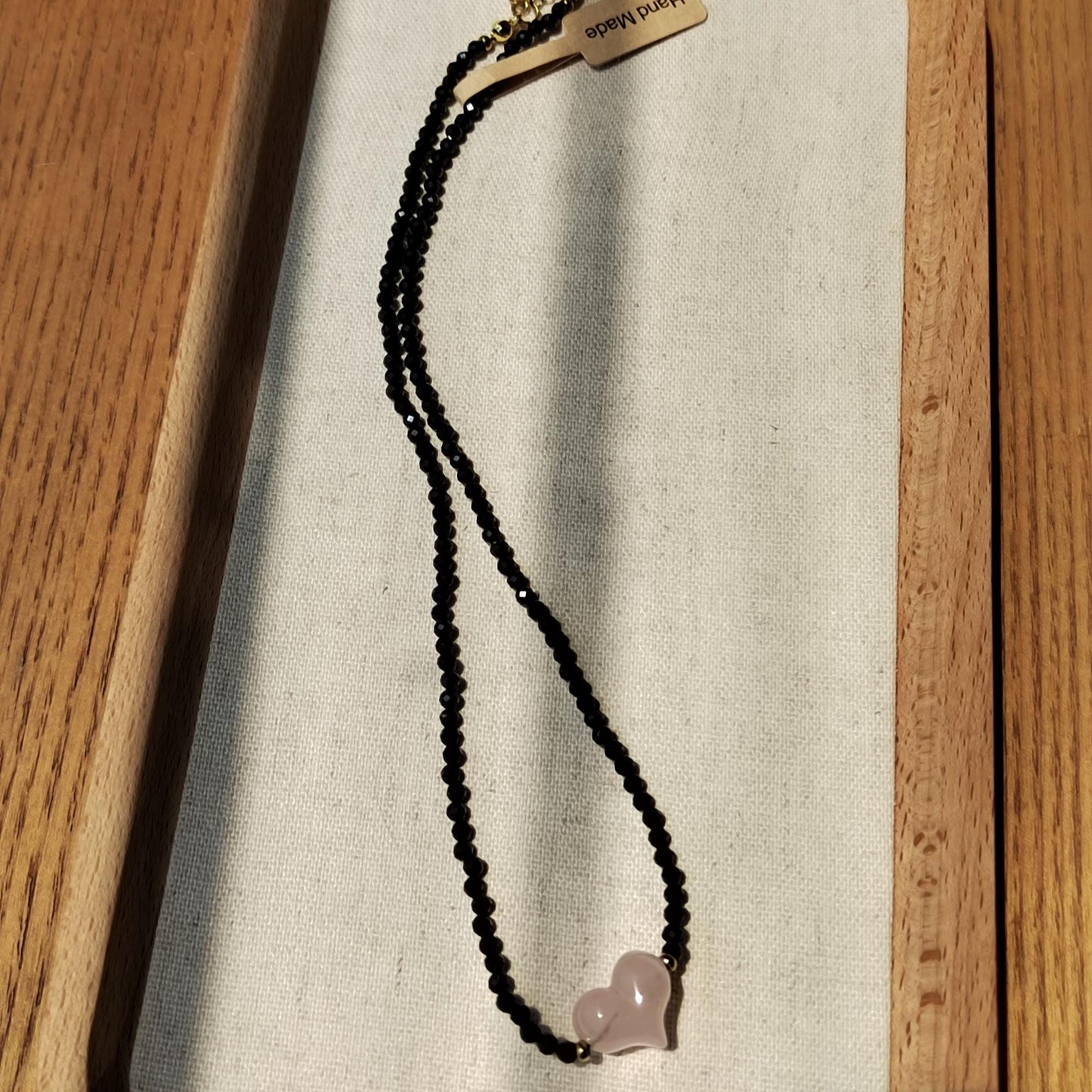 Handmade Natural Black Spinel Diamond - Cut & Pink Quartz Heart Necklace