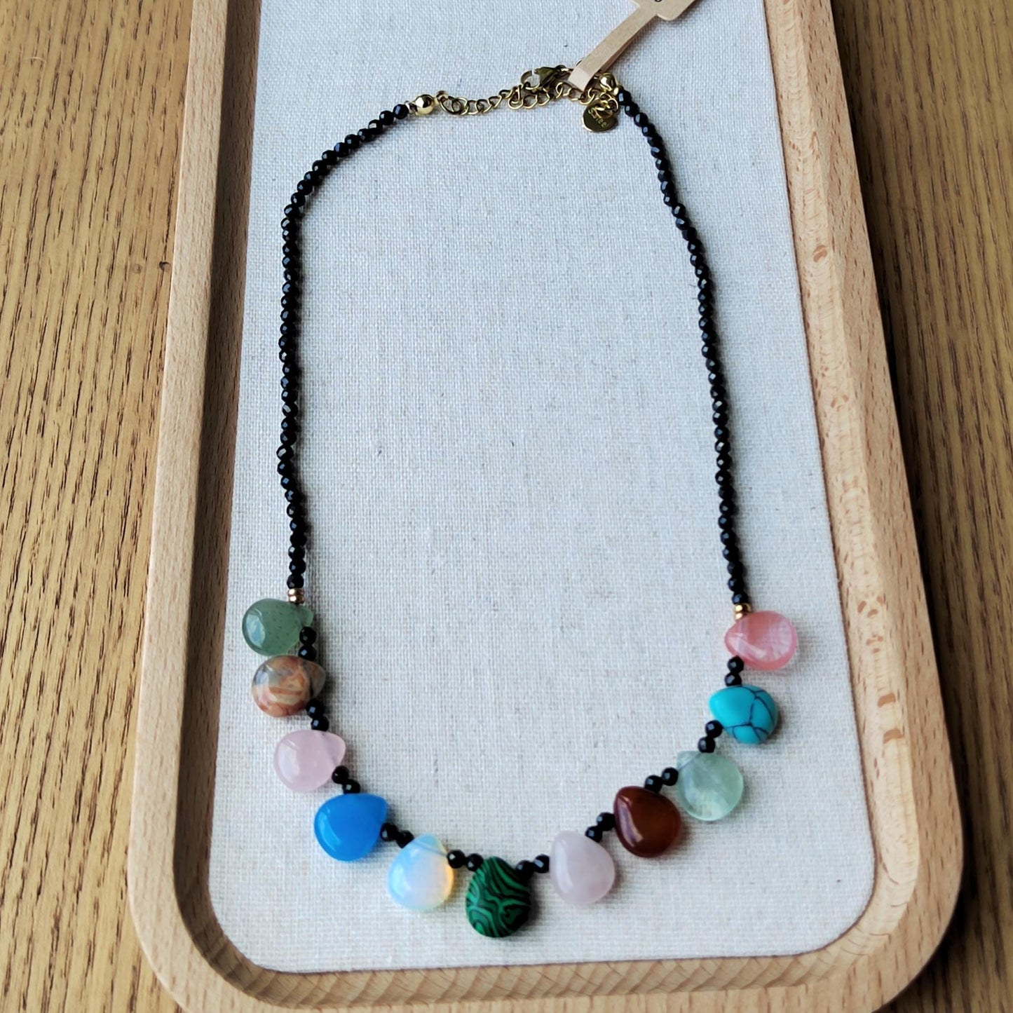 Black Spinel & Teardrop Crystal Necklace: Handmade Sterling Golden-Plated Chain