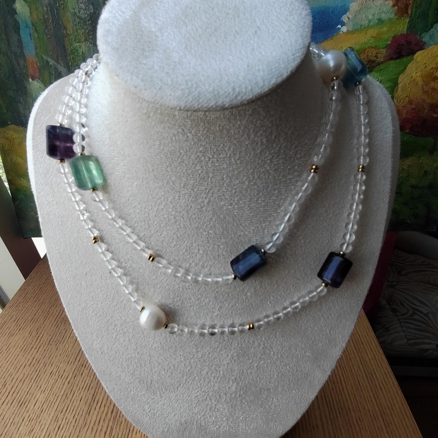 Quartz Fluorite Freshwater Pear Necklace, Healing Crystal Beaded Bohemia Necklace, Stability Protection Necklace Gift, Boho Long Necklace