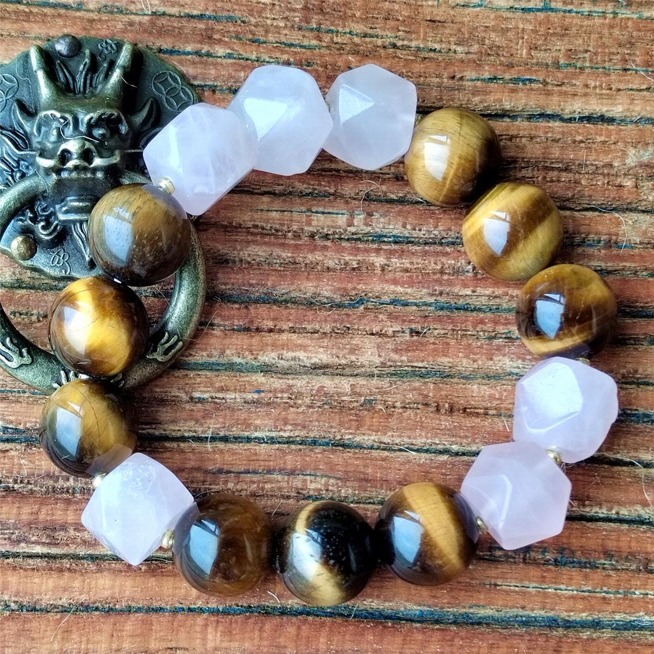 Tiger Eye & Rose Quartz Crystal Bracelet: Handmade Gemstone Jewelry