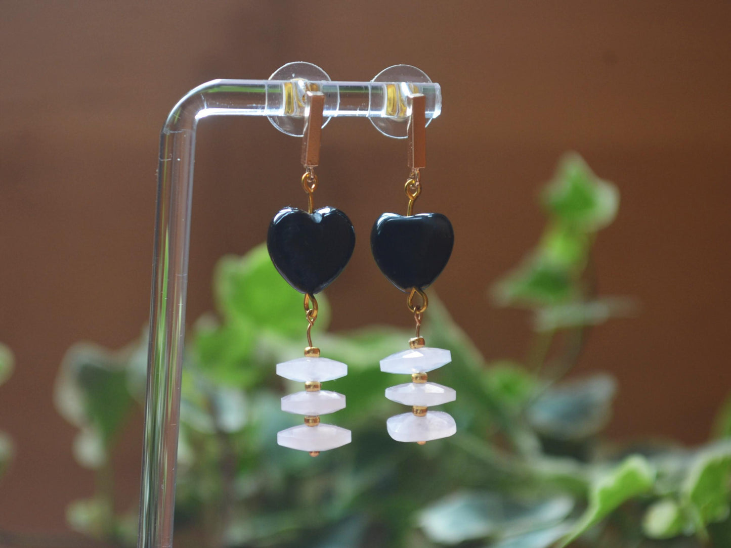 Handmade Black Agate & Rose Quartz Earrings: Gold-Plated, Art Deco Heart Shaped DIY Crystal Jewelry
