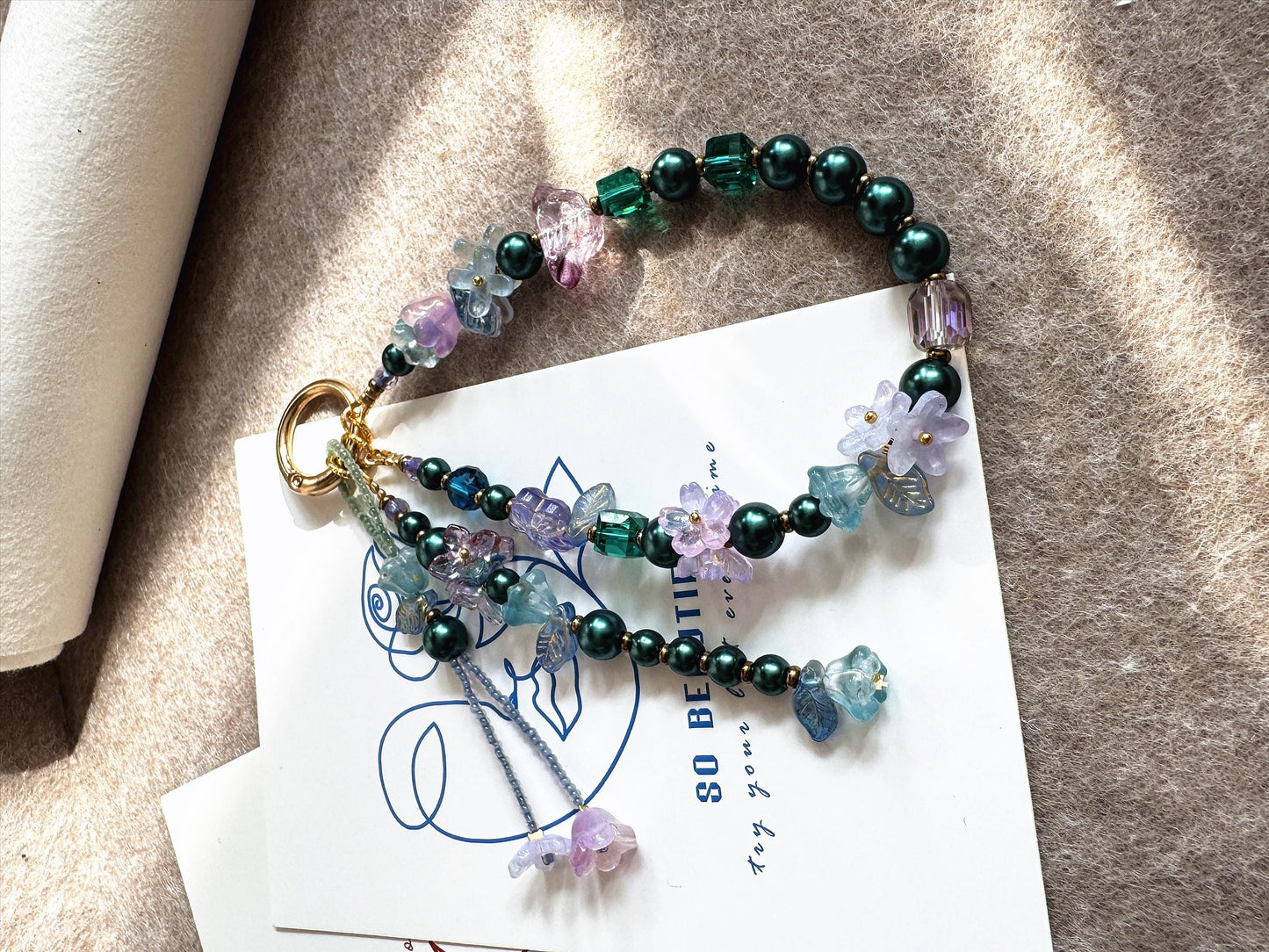 Boho Bead Phone-Chain, Camellia Flower Phone Strap, Handmade Glass Beaded Phone Charm for Women