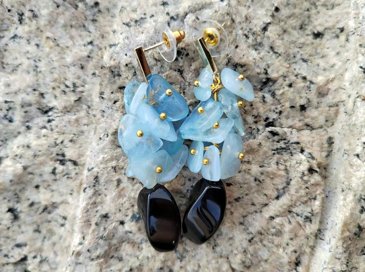 Aquamarine & Black Onyx Dangle Earrings: Gold-Plated Boho Jewelry