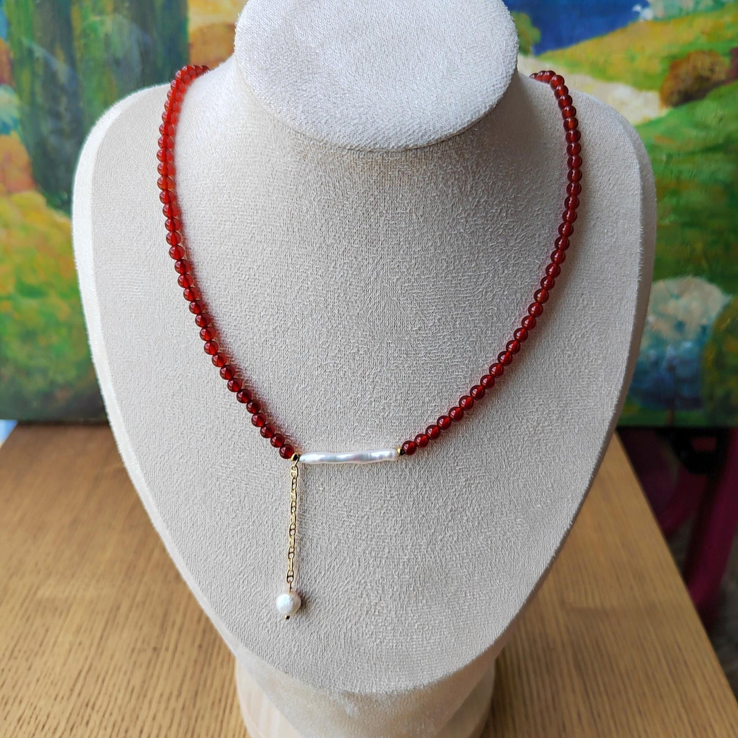 Red Agate & Baroque Pearl Necklace: Boho Gemstone Jewelry