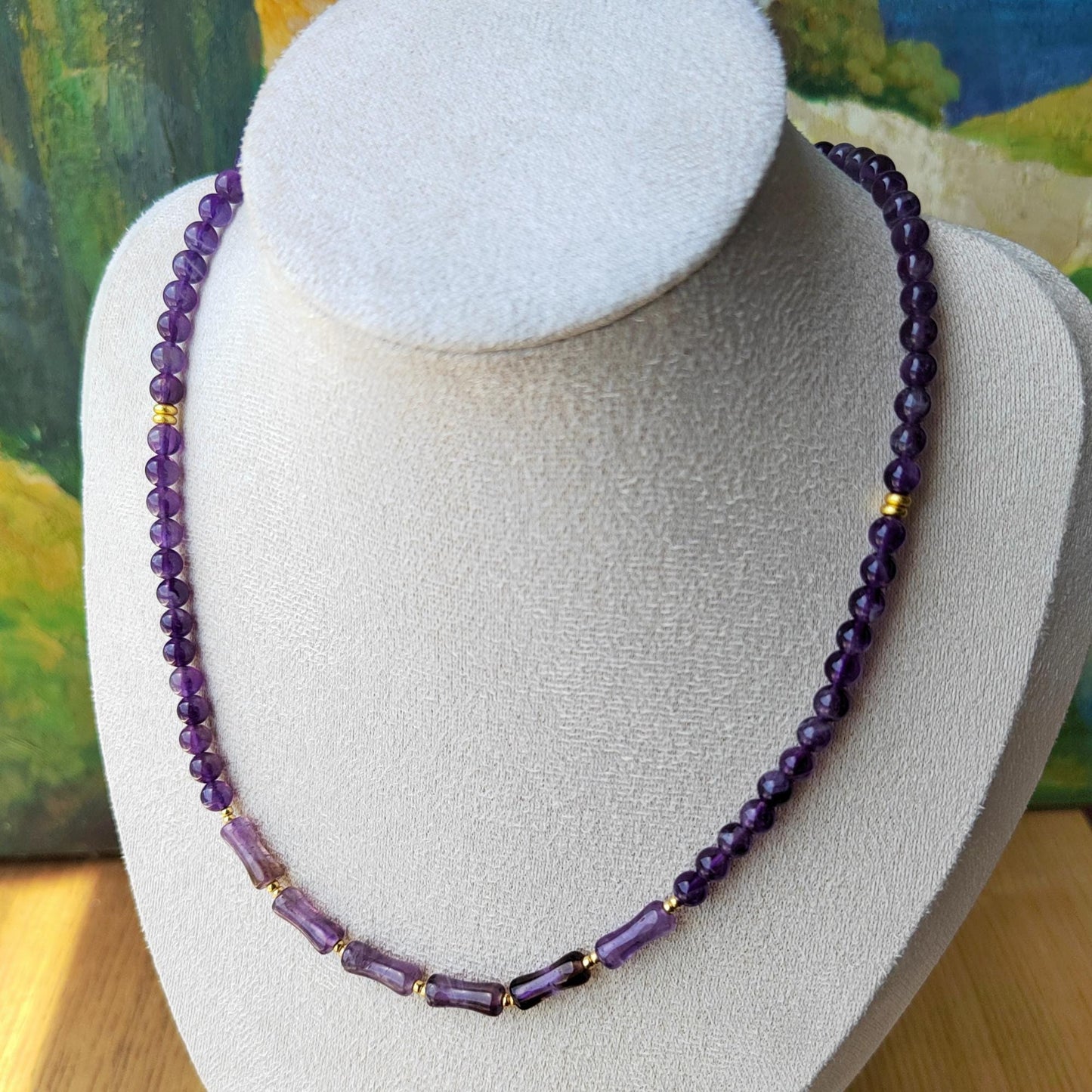 Handmade Amethyst Bead Necklace Sterling Gold Plated Chain Elegant Gemstone Jewelry DIY Craft