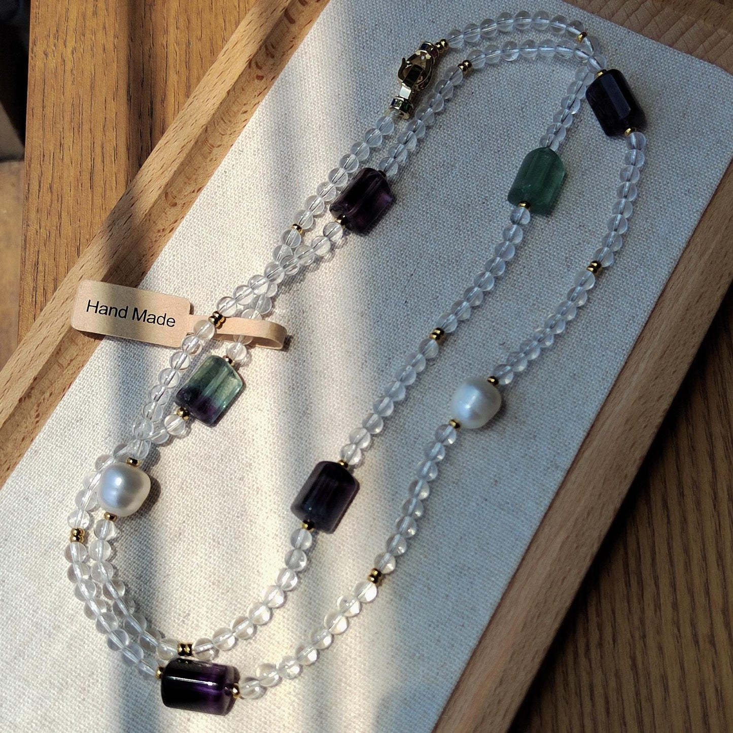 Quartz Fluorite Freshwater Pear Necklace, Healing Crystal Beaded Bohemia Necklace, Stability Protection Necklace Gift, Boho Long Necklace