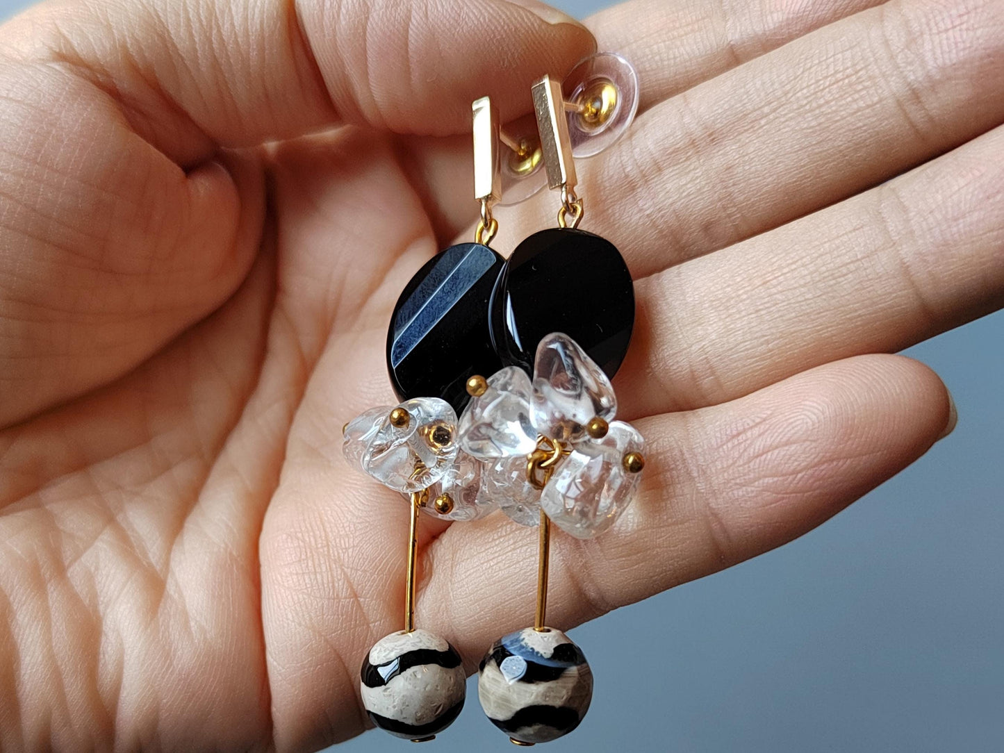 Black Agate & Clear Quartz Drop Earrings: Crystal Healing Gemstone Jewelry Boho Earrings