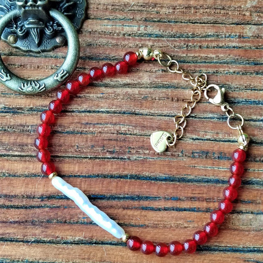 Red Agate & Baroque Pearl Bracelet, Natural Gemstone Handmade Jewelry