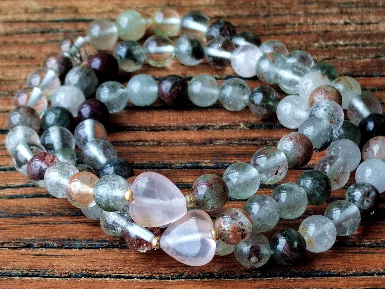 Natural Garden Quartz & Rose Quartz Bracelet Set, Boho Crystal Jewelry