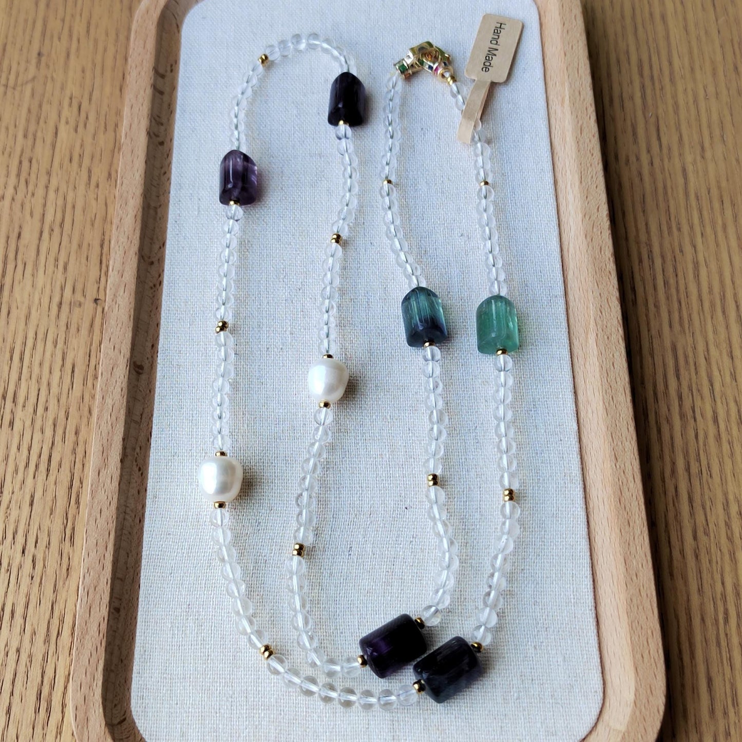 Quartz Fluorite Freshwater Pear Necklace, Healing Crystal Beaded Bohemia Necklace, Stability Protection Necklace Gift, Boho Long Necklace