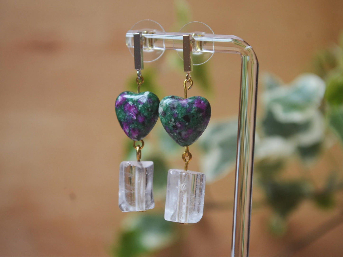 Handmade Ruby Zoisite Heart Earrings: Quartz Drop, Crystal Gemstone Jewelry Boho Earrings