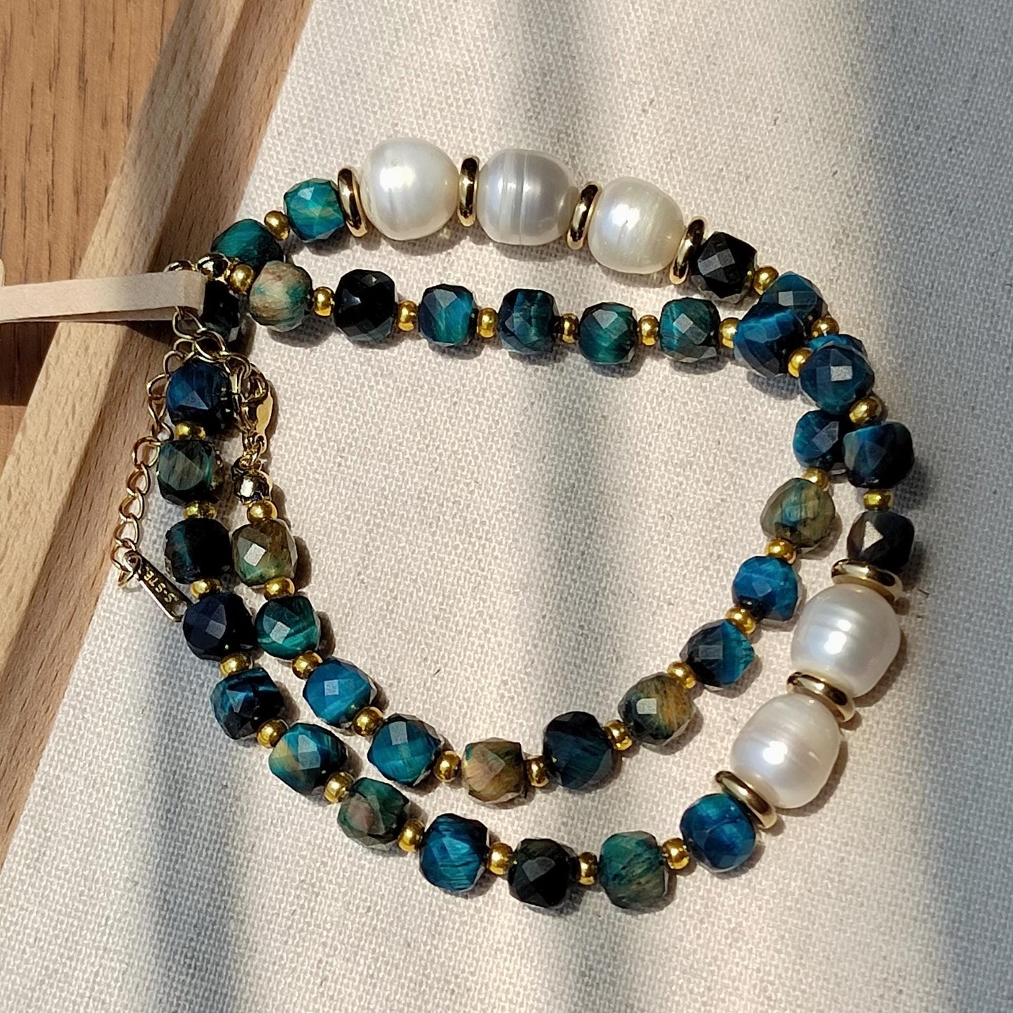 Beaded Necklace Natural Crystal Blue Tiger's Eyes & Pearl Boho Chic Handmade Gemstone Jewelry Elegant DIY Craft gift for her