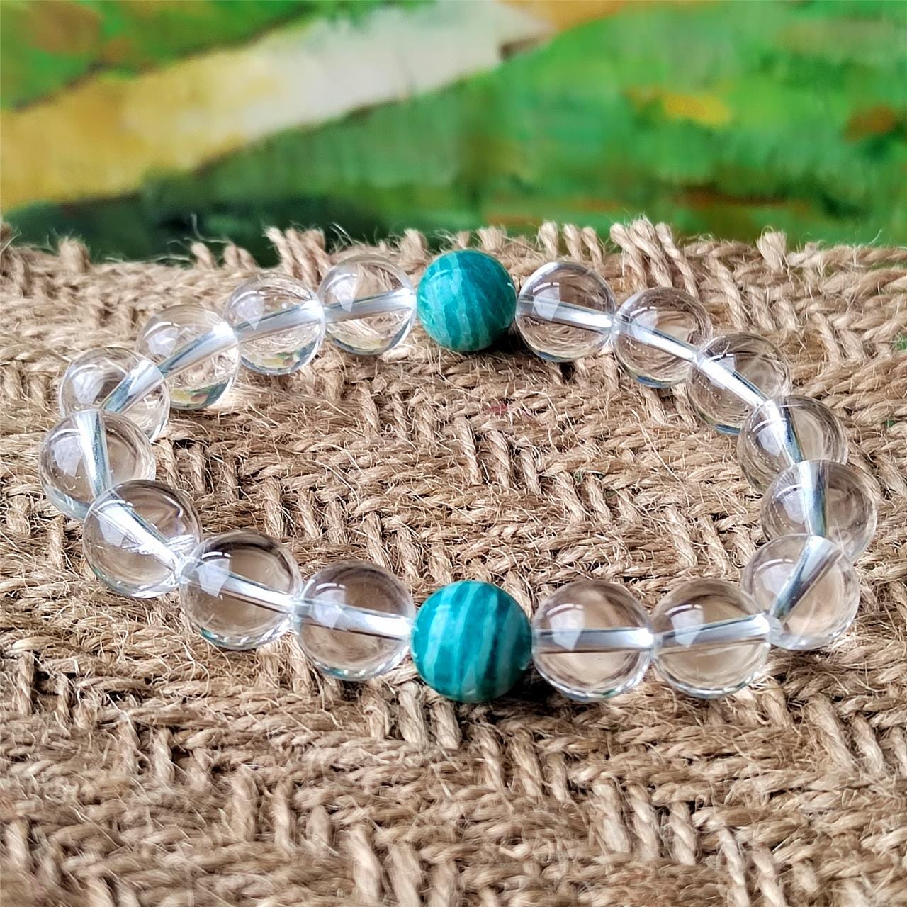 Beaded Bracelet, Clear Quartz Amazonite, Natural Gemstone  Healing Crystal Jewelry Gift for her