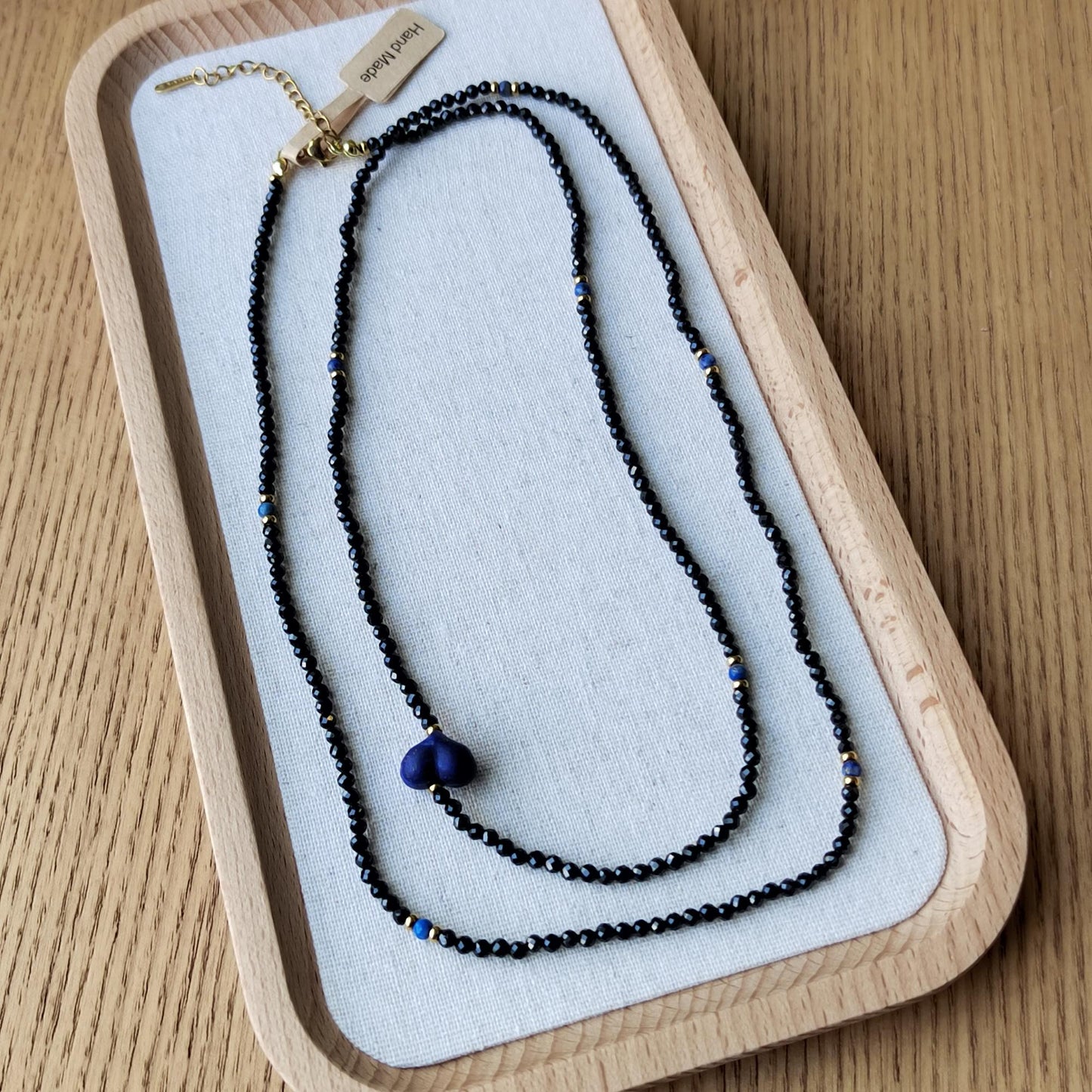 Black Spinel & Lapis Lazuli Heart Necklace: Handmade Boho Gemstone Jewelry