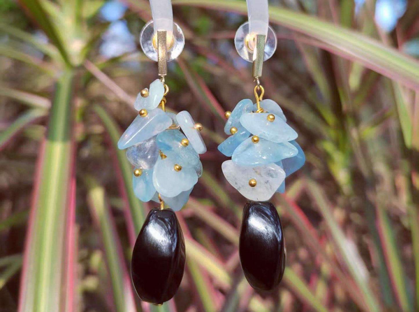 Aquamarine & Black Onyx Dangle Earrings: Gold-Plated Boho Jewelry