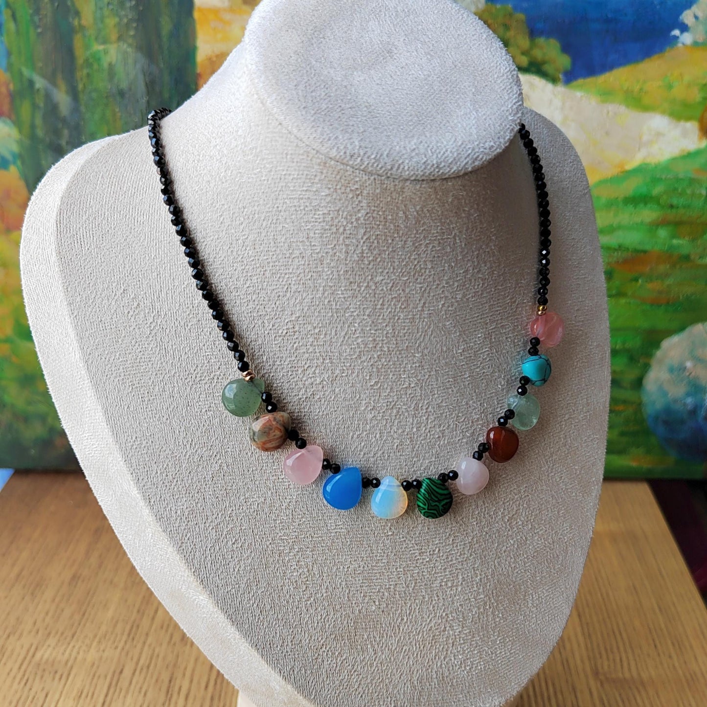 Black Spinel & Teardrop Crystal Necklace: Handmade Sterling Golden-Plated Chain