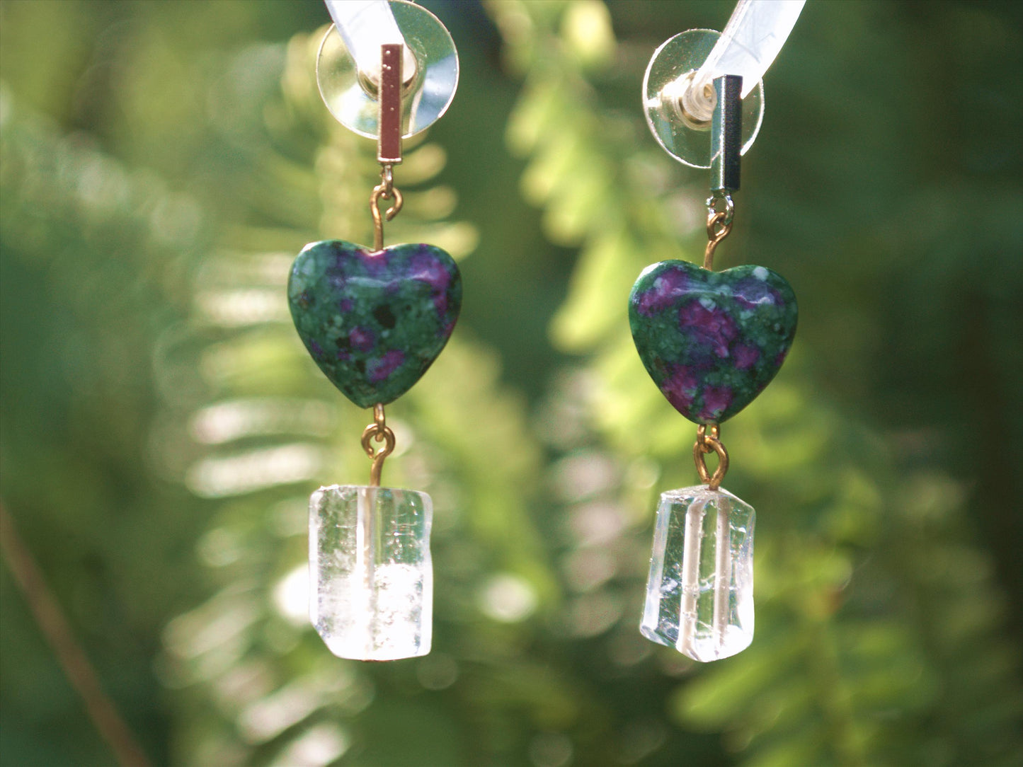 Handmade Ruby Zoisite Heart Earrings: Quartz Drop, Crystal Gemstone Jewelry Boho Earrings