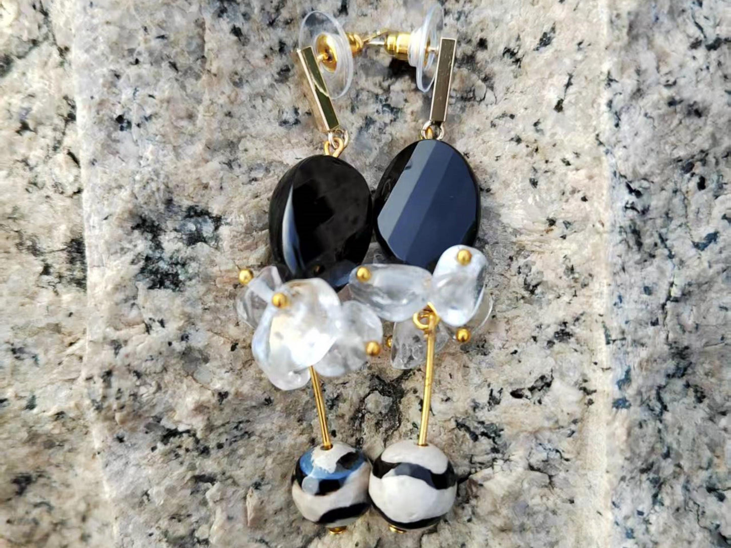 Black Agate & Clear Quartz Drop Earrings: Crystal Healing Gemstone Jewelry Boho Earrings