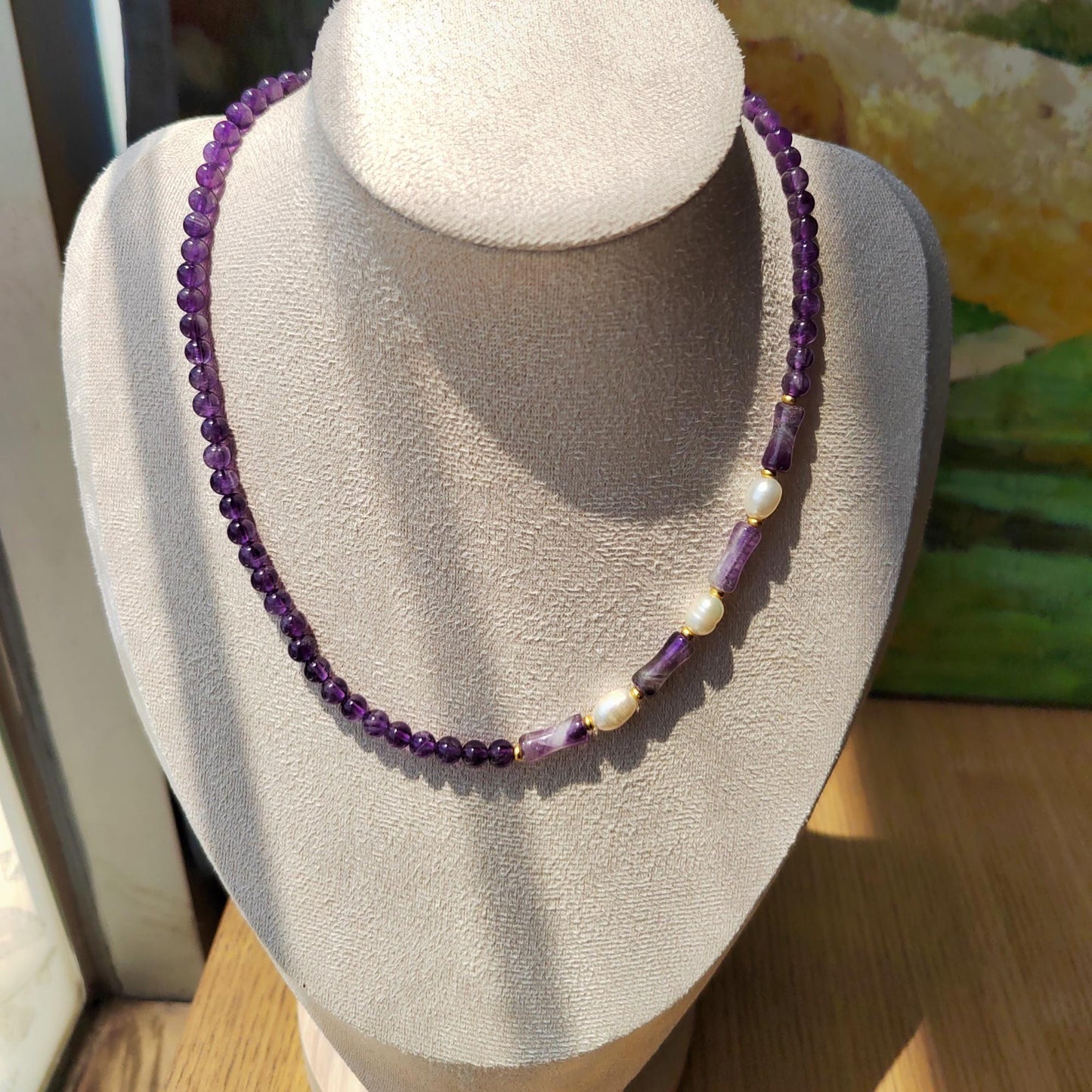 Amethyst Beads & Freshwater Pearl Necklace: Handmade Boho Healing Crystal