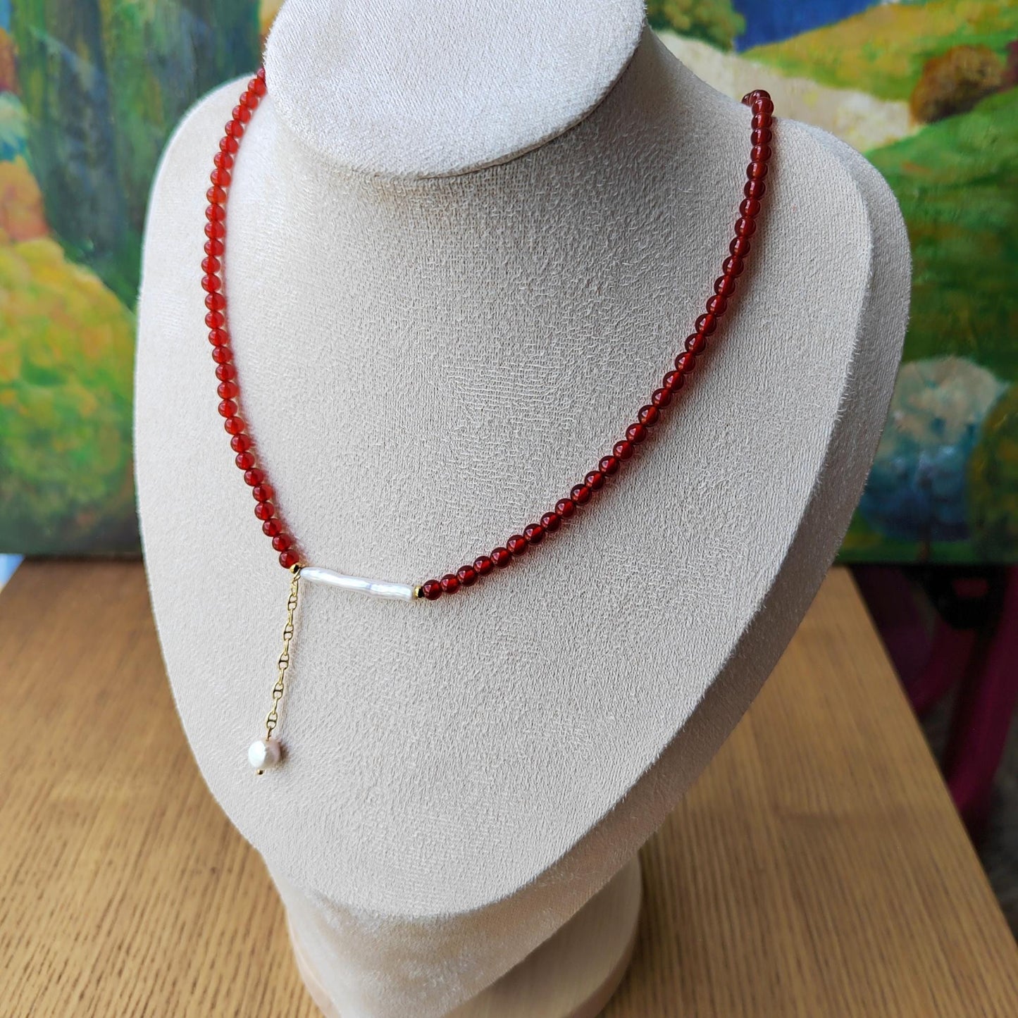 Red Agate & Baroque Pearl Necklace: Boho Gemstone Jewelry