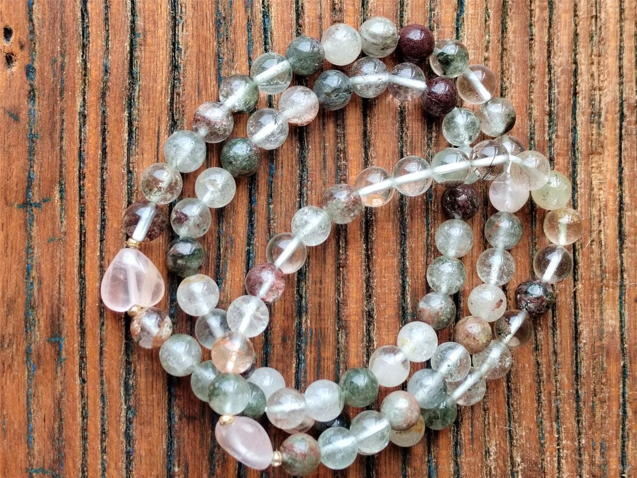 Natural Garden Quartz & Rose Quartz Bracelet Set, Boho Crystal Jewelry