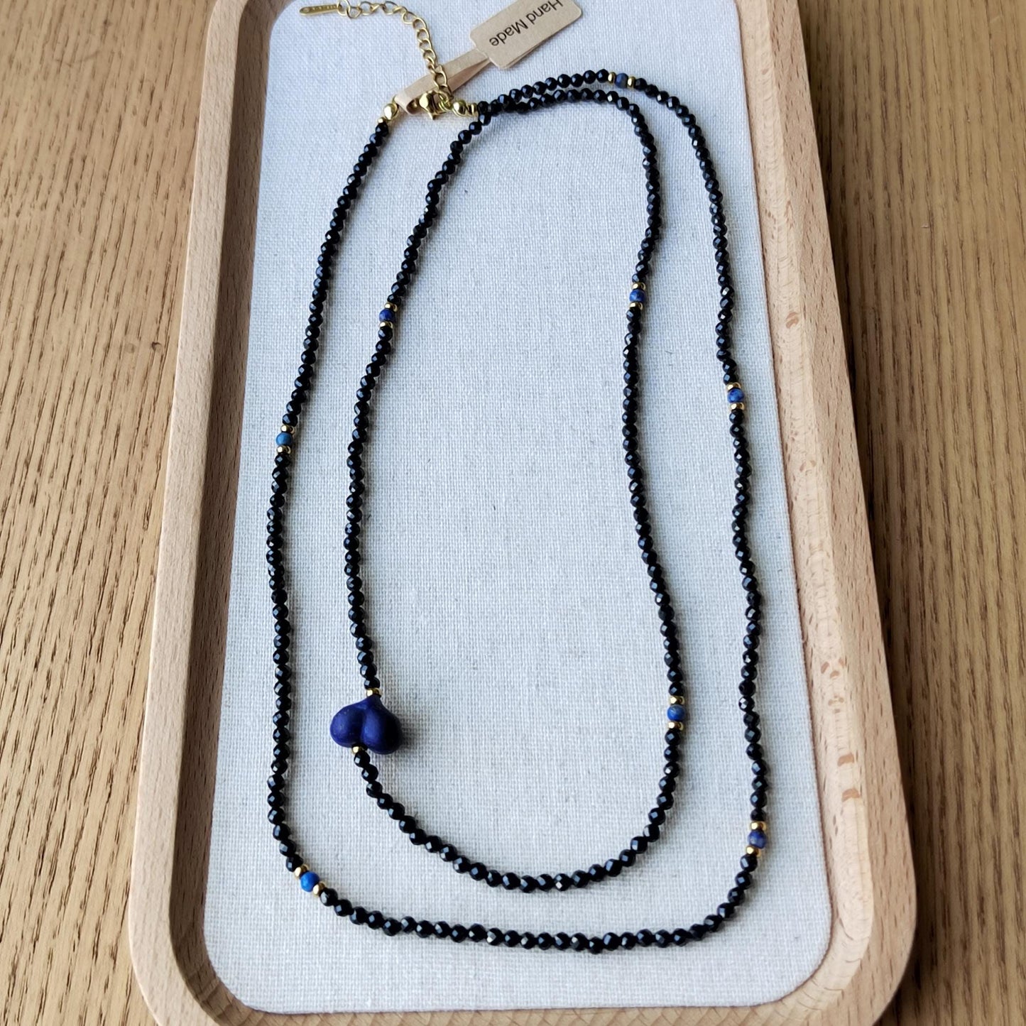 Black Spinel & Lapis Lazuli Heart Necklace: Handmade Boho Gemstone Jewelry