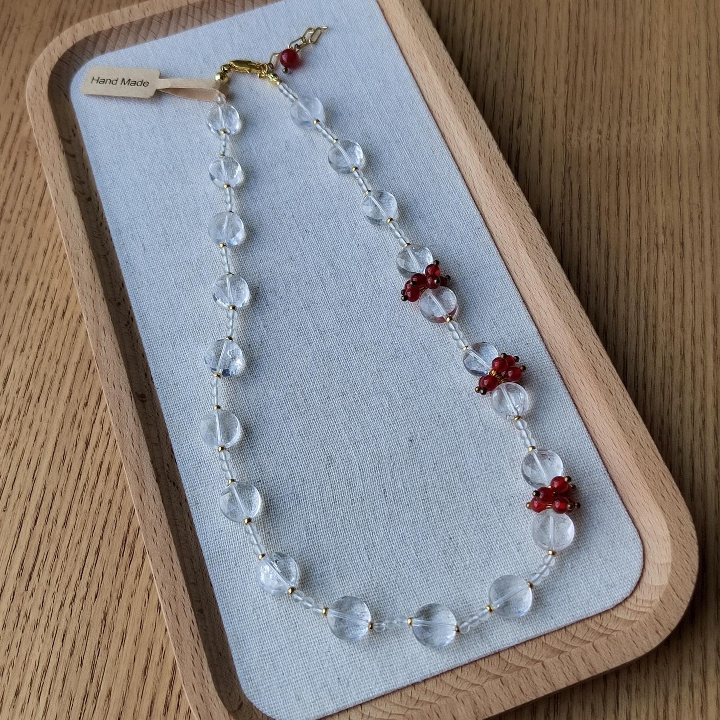 Handmade Natural Clear Quartz & Red Agate Beaded Necklace Real Crystal Jewelry