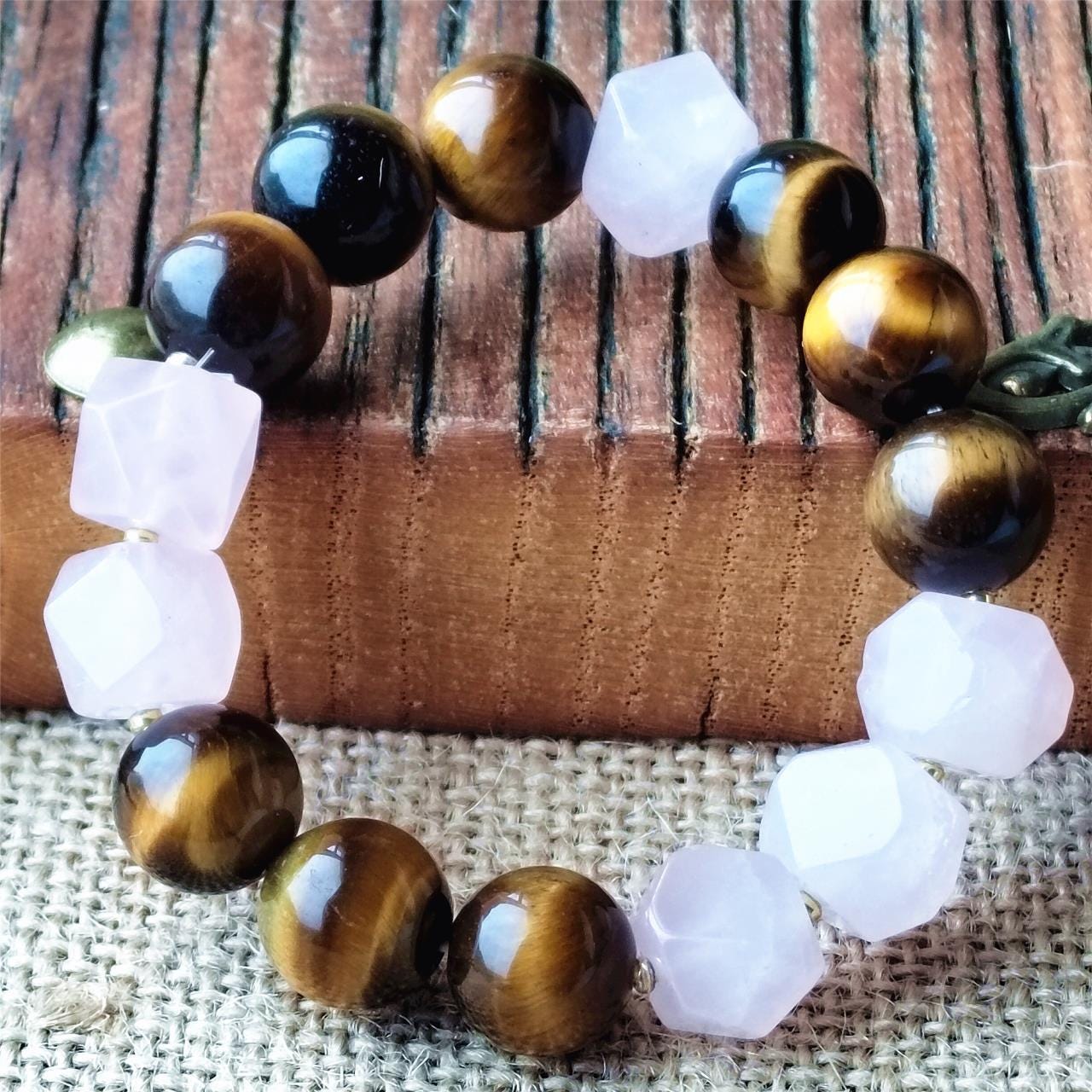 Tiger Eye & Rose Quartz Crystal Bracelet: Handmade Gemstone Jewelry