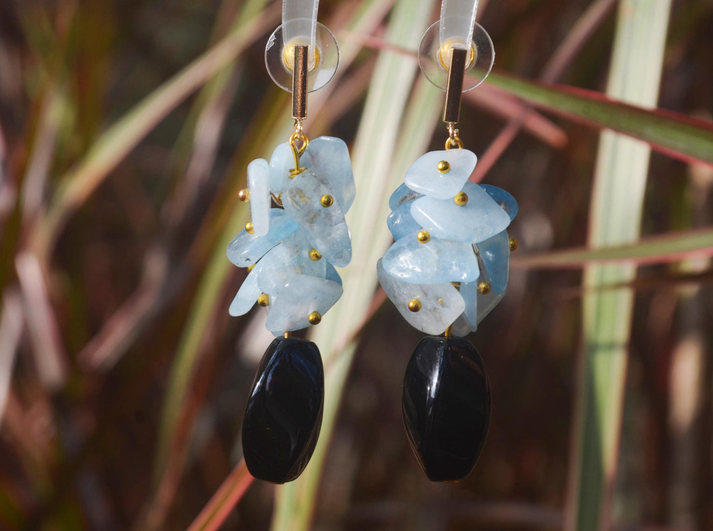 Aquamarine & Black Onyx Dangle Earrings: Gold-Plated Boho Jewelry