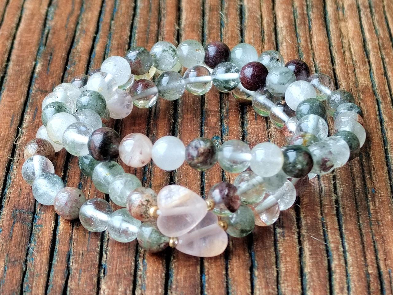 Natural Garden Quartz & Rose Quartz Bracelet Set, Boho Crystal Jewelry
