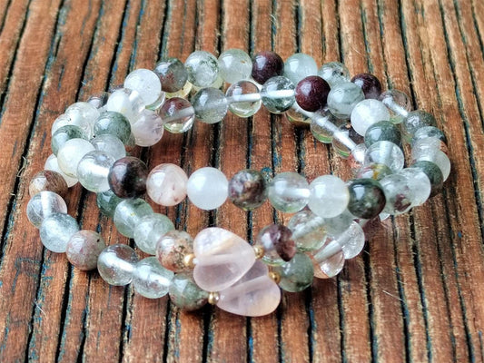 Natural Garden Quartz & Rose Quartz Bracelet Set, Boho Crystal Jewelry