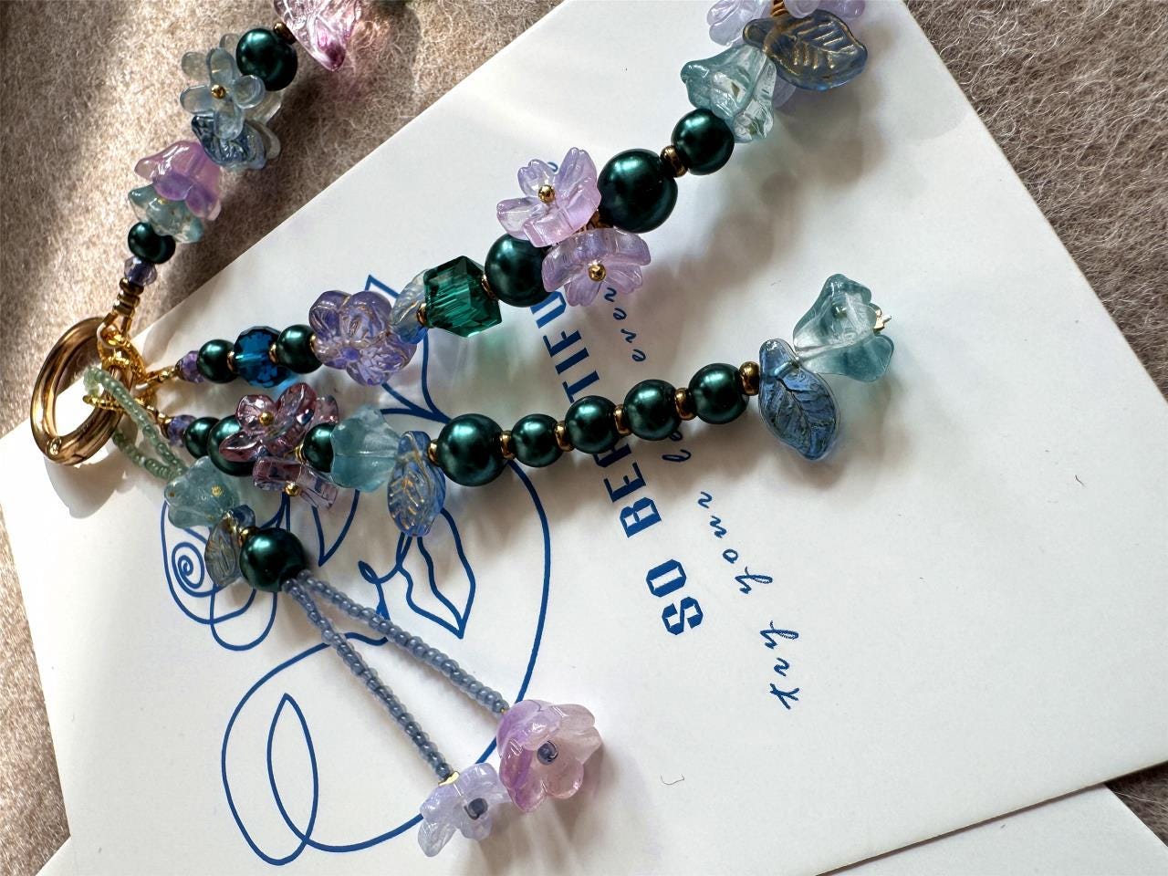 Boho Bead Phone-Chain, Camellia Flower Phone Strap, Handmade Glass Beaded Phone Charm for Women