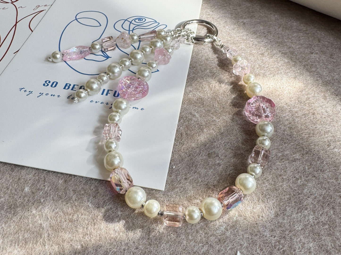 Handmade Pink Crystal Phone Charm , Aesthetic Phone Strap, Cute Boho Glass Keychain for Women, Gift for Her