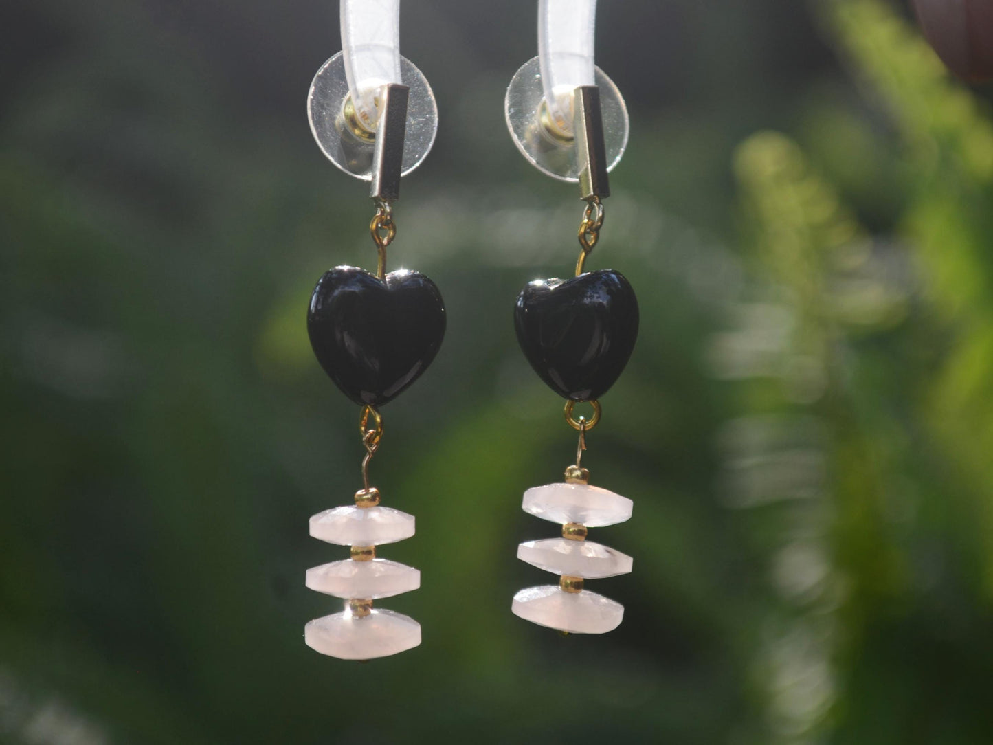 Handmade Black Agate & Rose Quartz Earrings: Gold-Plated, Art Deco Heart Shaped DIY Crystal Jewelry