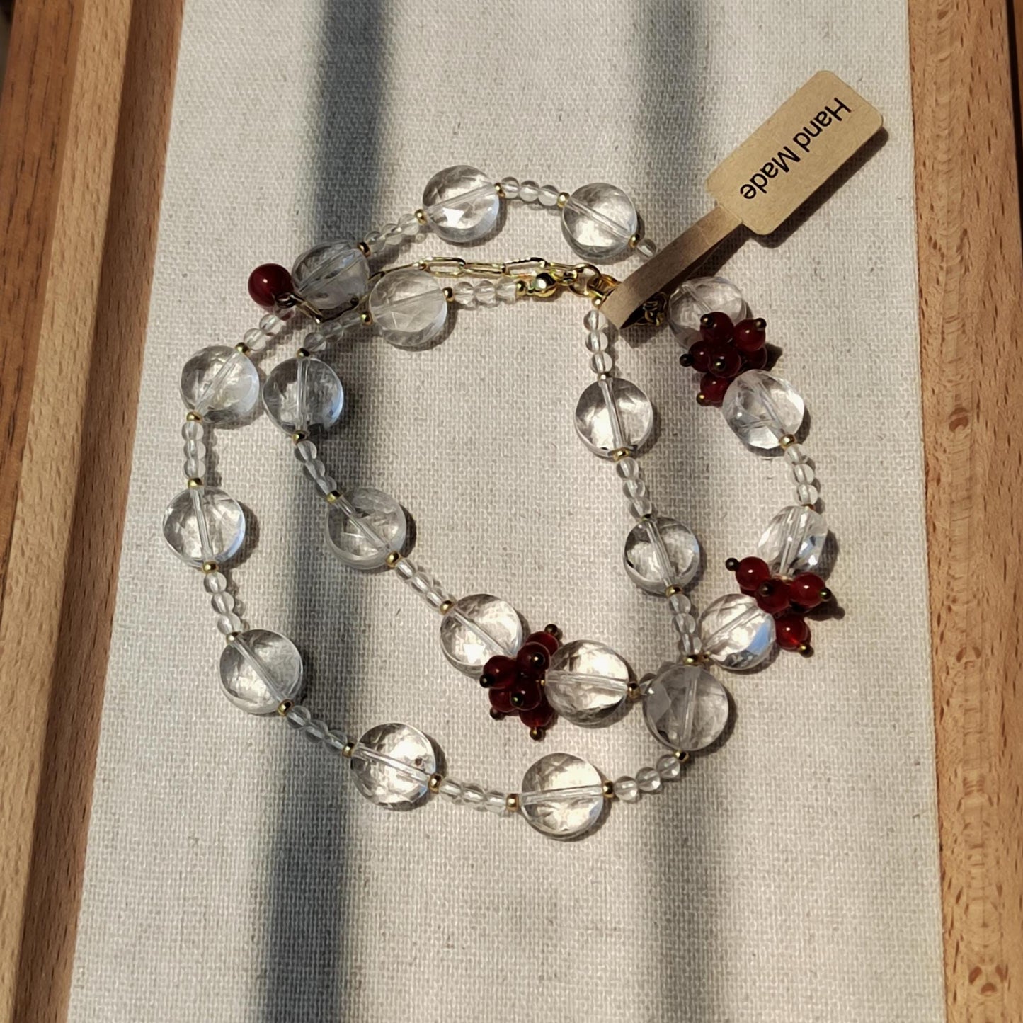 Handmade Natural Clear Quartz & Red Agate Beaded Necklace Real Crystal Jewelry