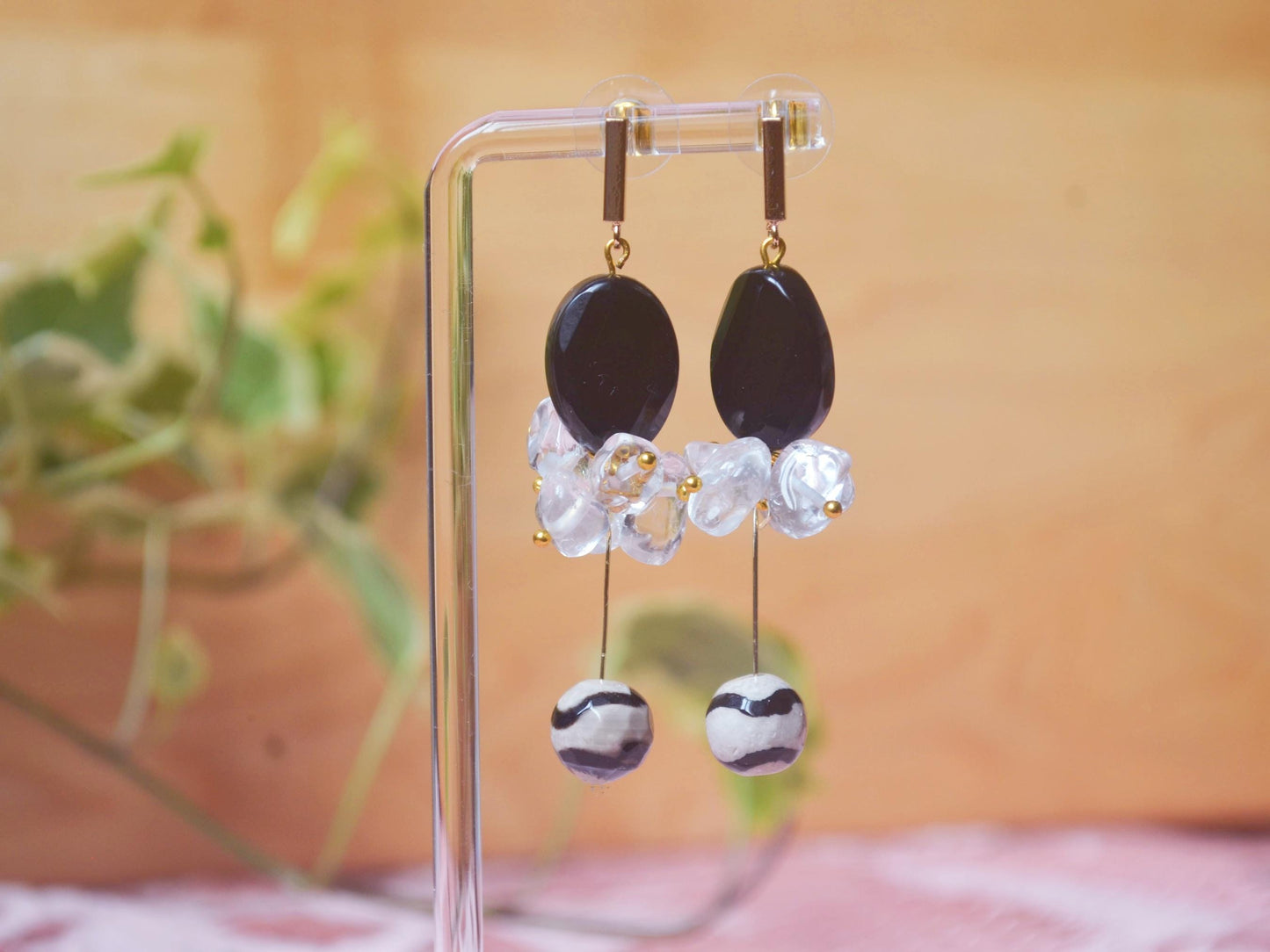 Black Agate & Clear Quartz Drop Earrings: Crystal Healing Gemstone Jewelry Boho Earrings