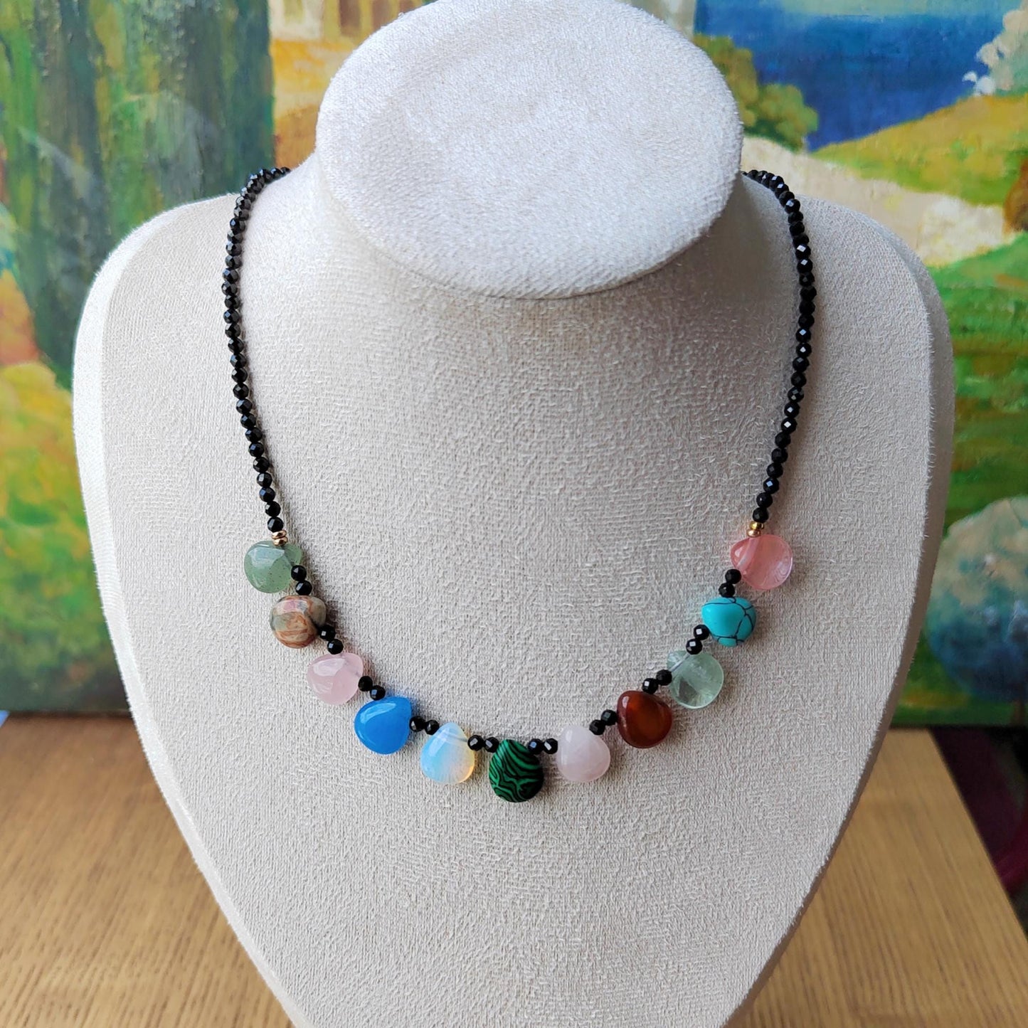 Black Spinel & Teardrop Crystal Necklace: Handmade Sterling Golden-Plated Chain