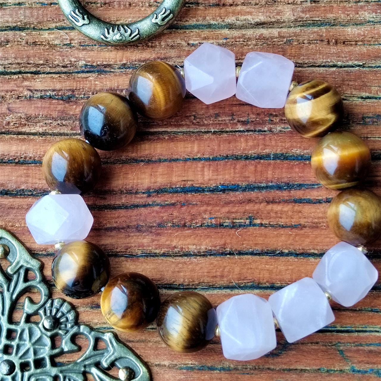 Tiger Eye & Rose Quartz Crystal Bracelet: Handmade Gemstone Jewelry