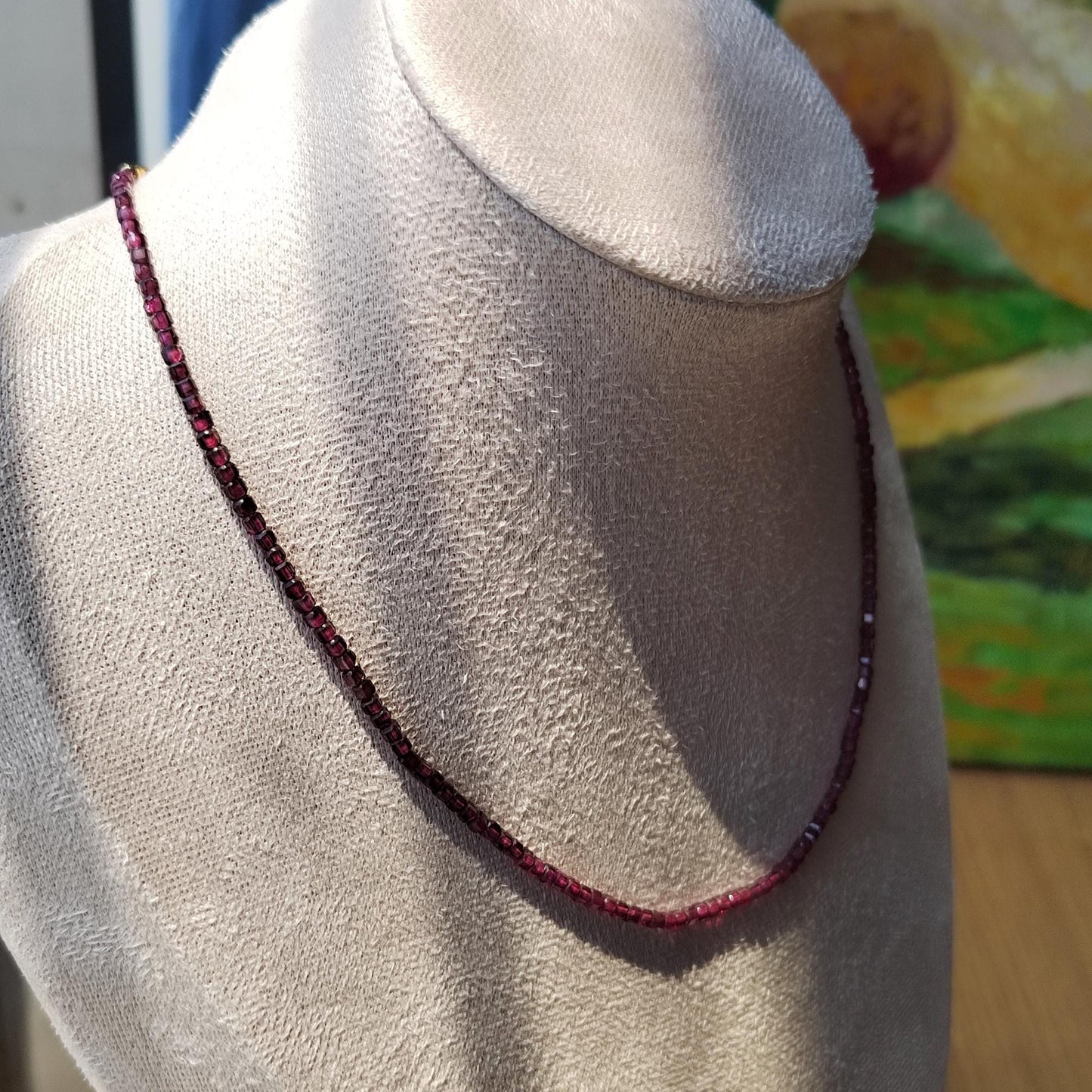 Natural Garnet Bead Necklace: Sterling Gold Plated Chain