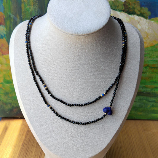 Black Spinel & Lapis Lazuli Heart Necklace: Handmade Boho Gemstone Jewelry