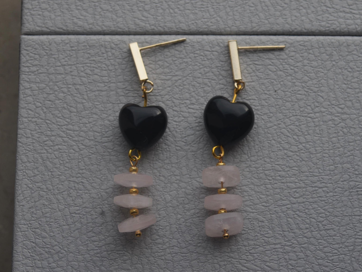 Handmade Black Agate & Rose Quartz Earrings: Gold-Plated, Art Deco Heart Shaped DIY Crystal Jewelry