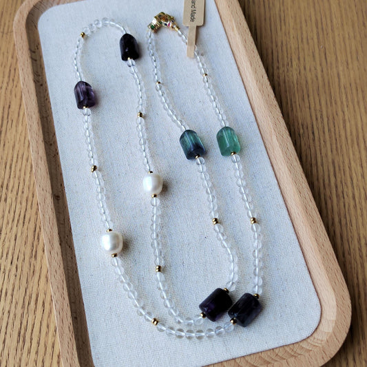 Quartz Fluorite Freshwater Pear Necklace, Healing Crystal Beaded Bohemia Necklace, Stability Protection Necklace Gift, Boho Long Necklace