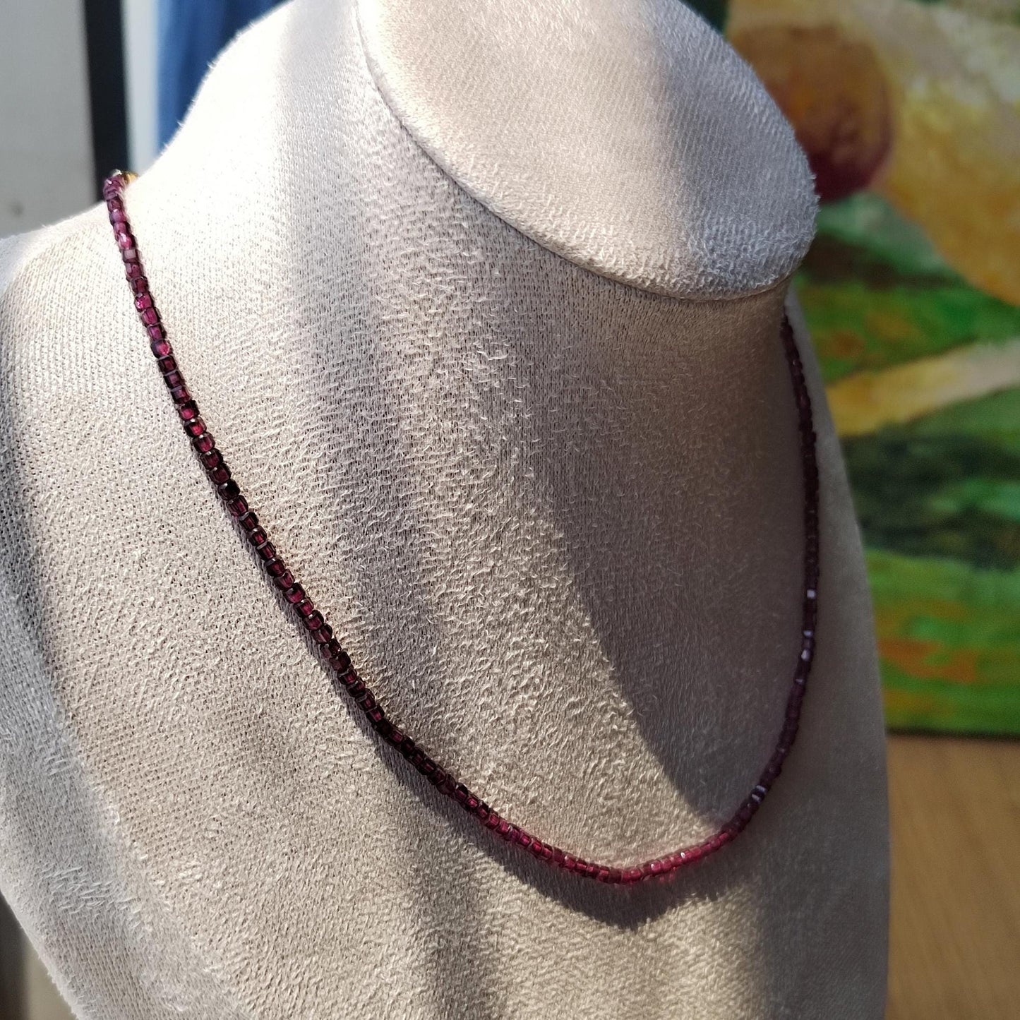 Natural Garnet Bead Necklace: Sterling Gold Plated Chain