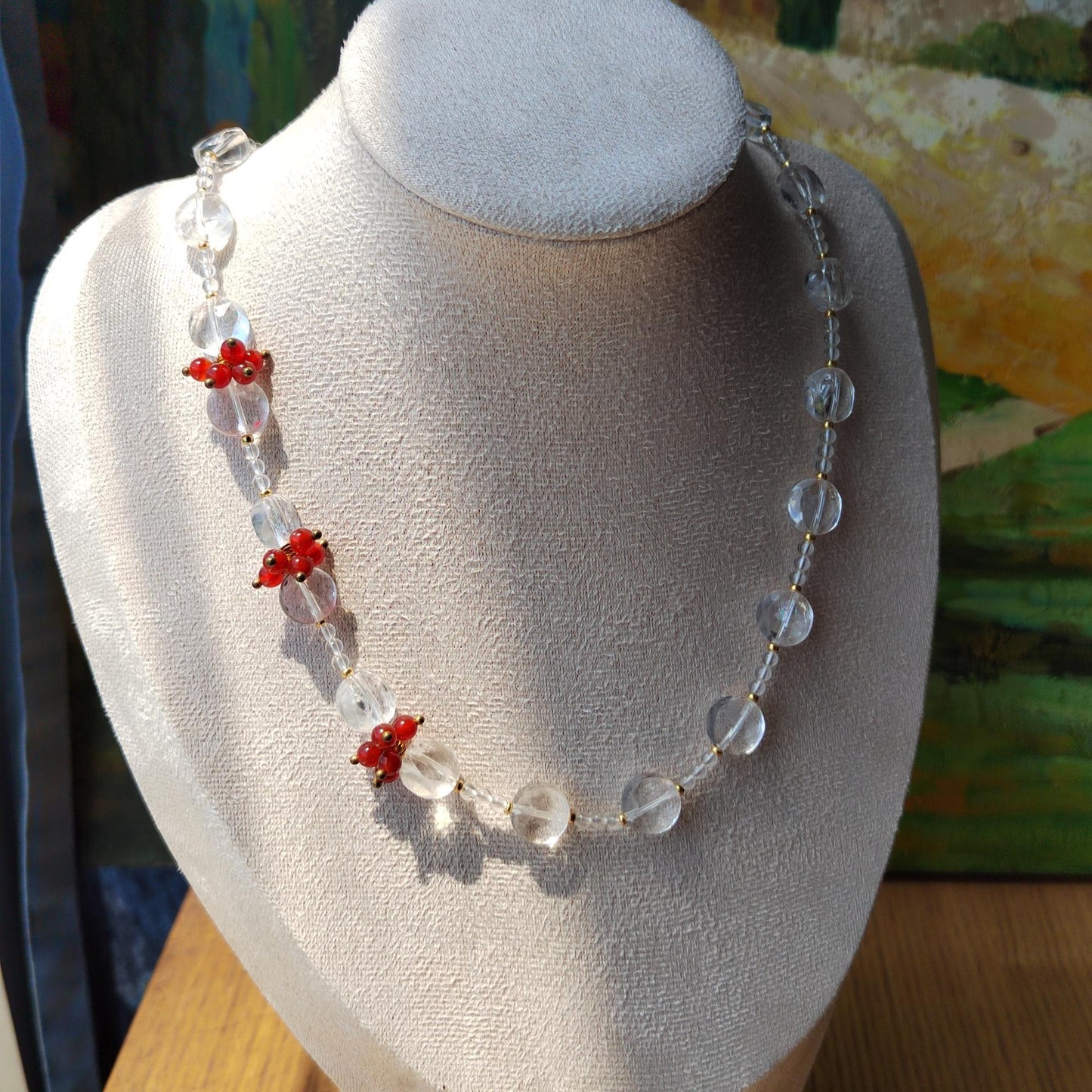 Handmade Natural Clear Quartz & Red Agate Beaded Necklace Real Crystal Jewelry