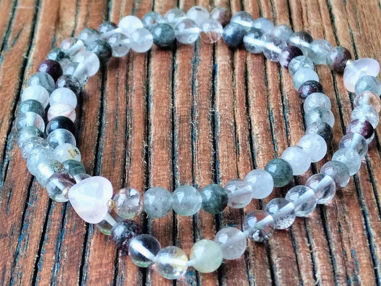 Natural Garden Quartz & Rose Quartz Bracelet Set, Boho Crystal Jewelry